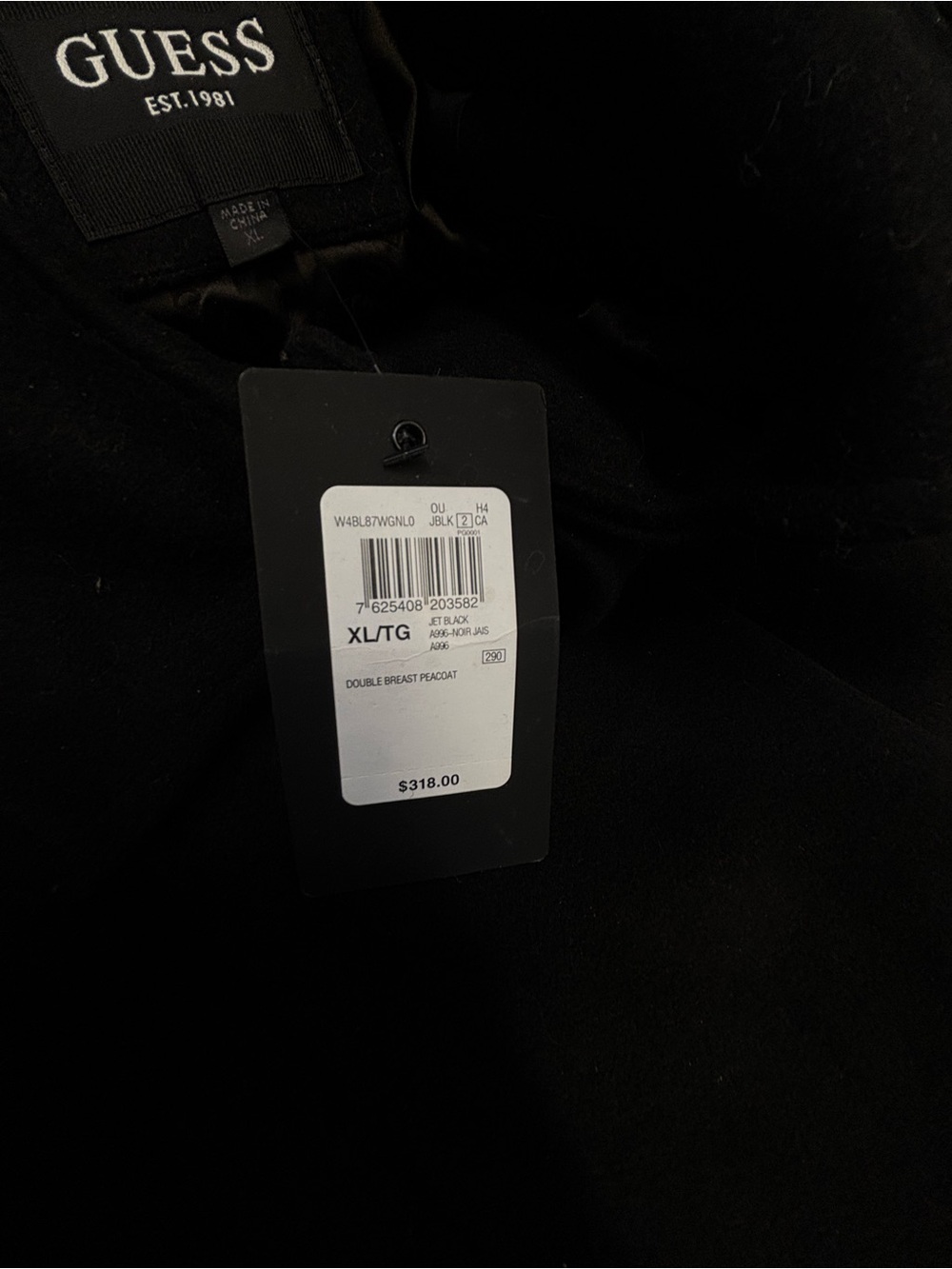 NWT GUESS Men's Classic Black Double-Breasted Pea Coat - Picture 3 of 4